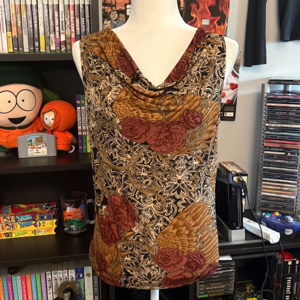 Vtg 00s Olivia Paige Floral Tapestry Cowl Neck Sleeveless Blouse Brown Red Large